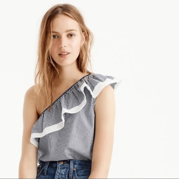 J. Crew One Shoulder Ruffle Top Navy Stripe Cotton Poplin NWT Size 4 - Picture 1 of 10